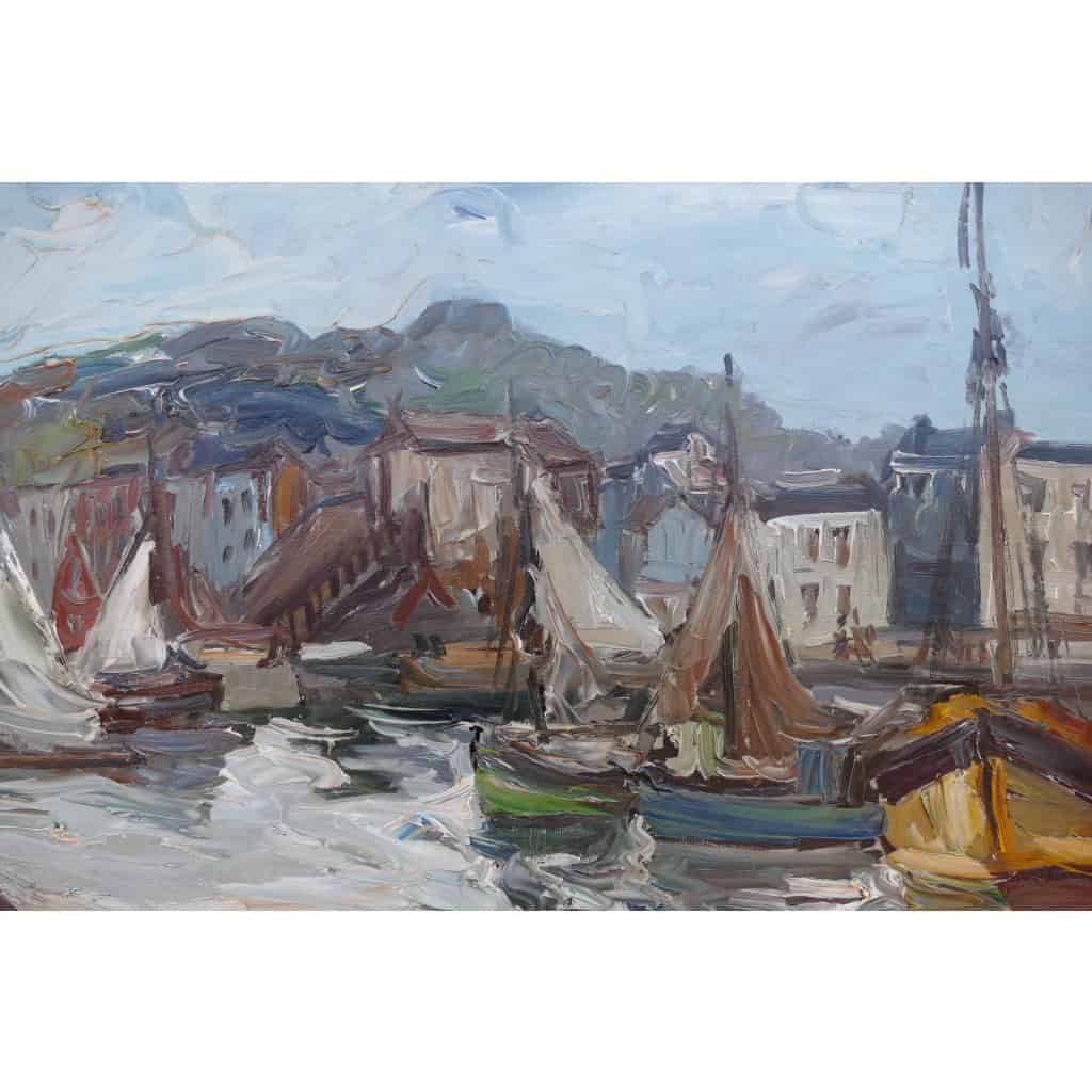 HERBO Fernand Peinture Française XXè Normandie Honfleur Et Son Port Huile sur Toile Signée Certificat 10