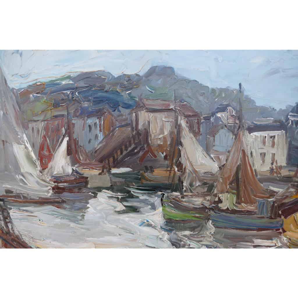 HERBO Fernand Peinture Française XXè Normandie Honfleur Et Son Port Huile sur Toile Signée Certificat 9