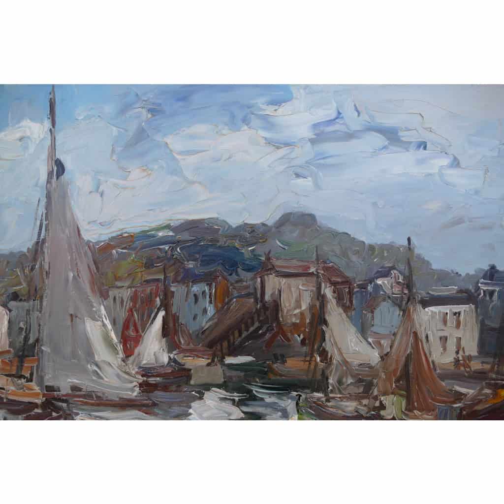 HERBO Fernand Peinture Française XXè Normandie Honfleur Et Son Port Huile sur Toile Signée Certificat 8