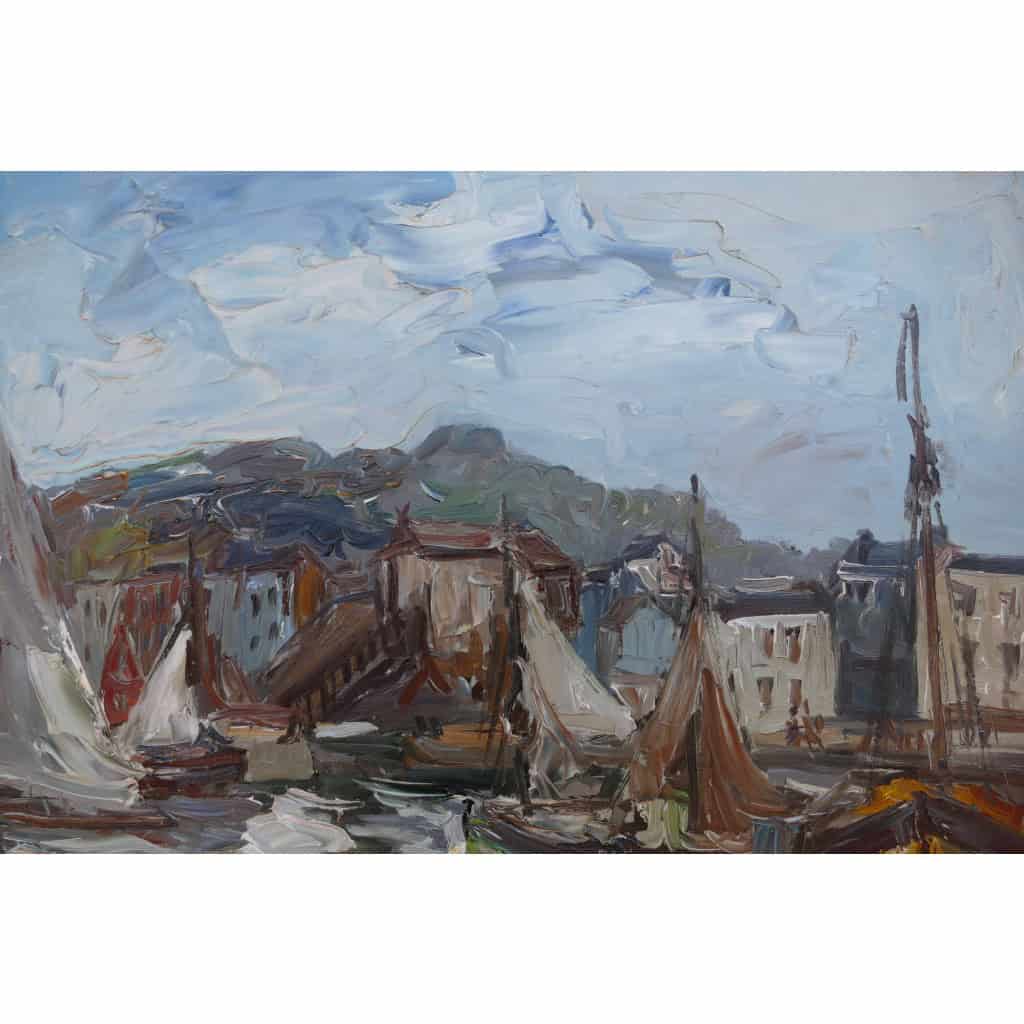 HERBO Fernand Peinture Française XXè Normandie Honfleur Et Son Port Huile sur Toile Signée Certificat 7