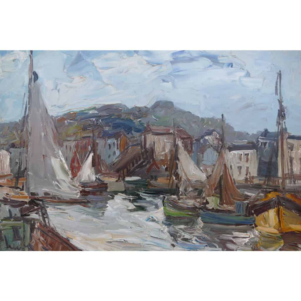 HERBO Fernand Peinture Française XXè Normandie Honfleur Et Son Port Huile sur Toile Signée Certificat 6