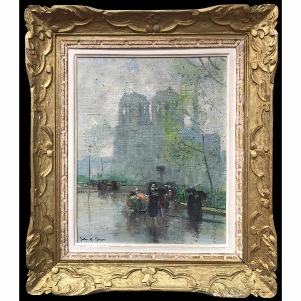 HERVE Jules Langres La marchande de fleurs devant Notre Dame Huile Sur Toile Signée Certificat D’authenticité 3