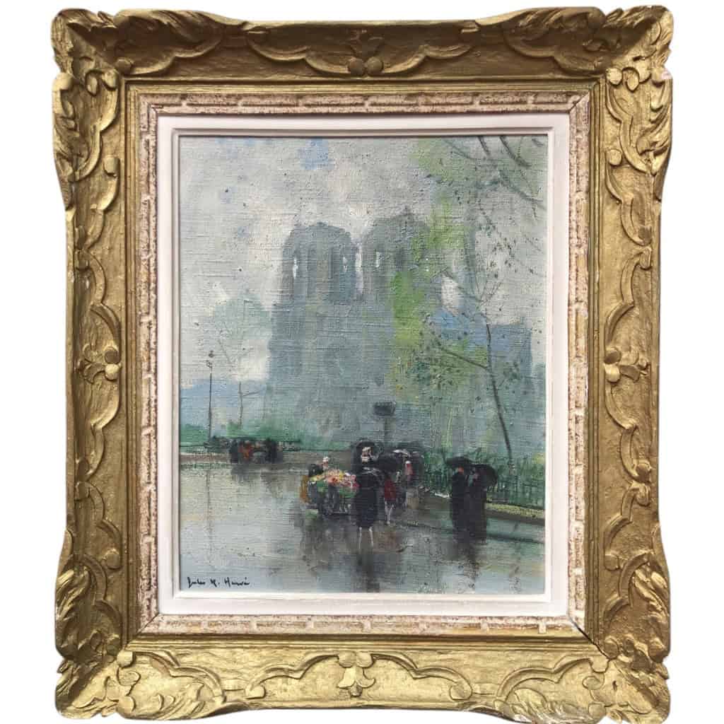 HERVE Jules Langres La marchande de fleurs devant Notre Dame Huile Sur Toile Signée Certificat D’authenticité 9