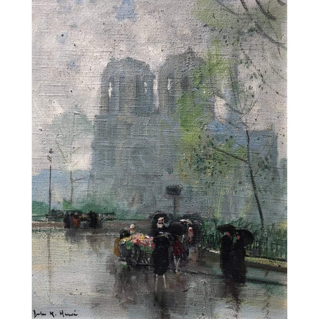 HERVE Jules Langres La marchande de fleurs devant Notre Dame Huile Sur Toile Signée Certificat D’authenticité 7