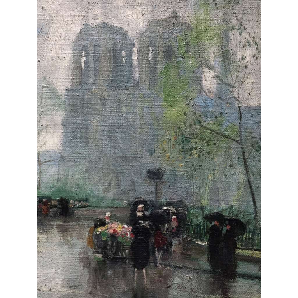 HERVE Jules Langres La marchande de fleurs devant Notre Dame Huile Sur Toile Signée Certificat D’authenticité 5