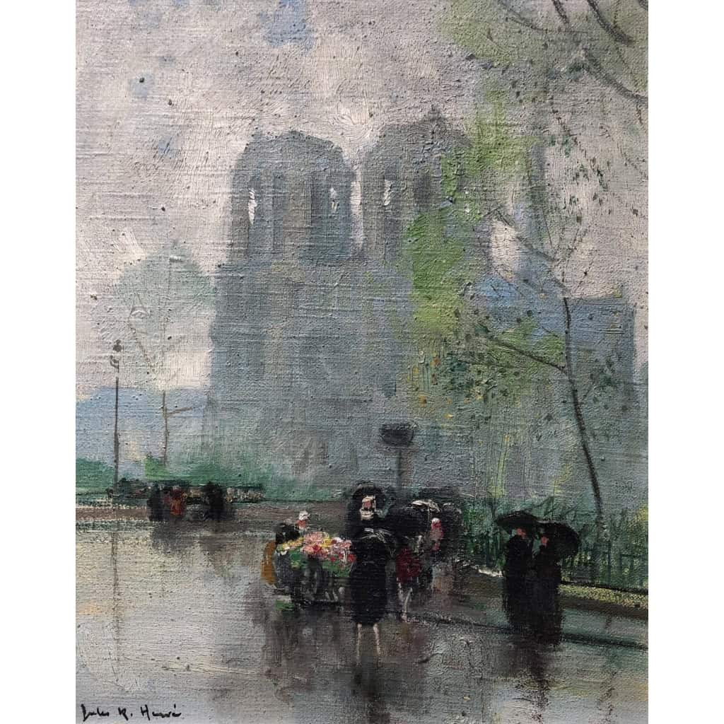 HERVE Jules Langres La marchande de fleurs devant Notre Dame Huile Sur Toile Signée Certificat D’authenticité 4