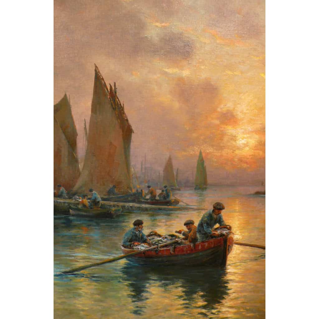 MARONIEZ Georges Peinture Française Fin XIXè Le Retour Des Pêcheurs Huile Sur Toile Signée Certificat 7