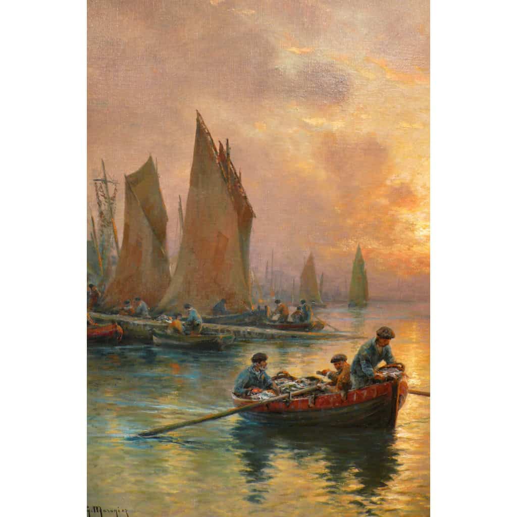 MARONIEZ Georges Peinture Française Fin XIXè Le Retour Des Pêcheurs Huile Sur Toile Signée Certificat 6