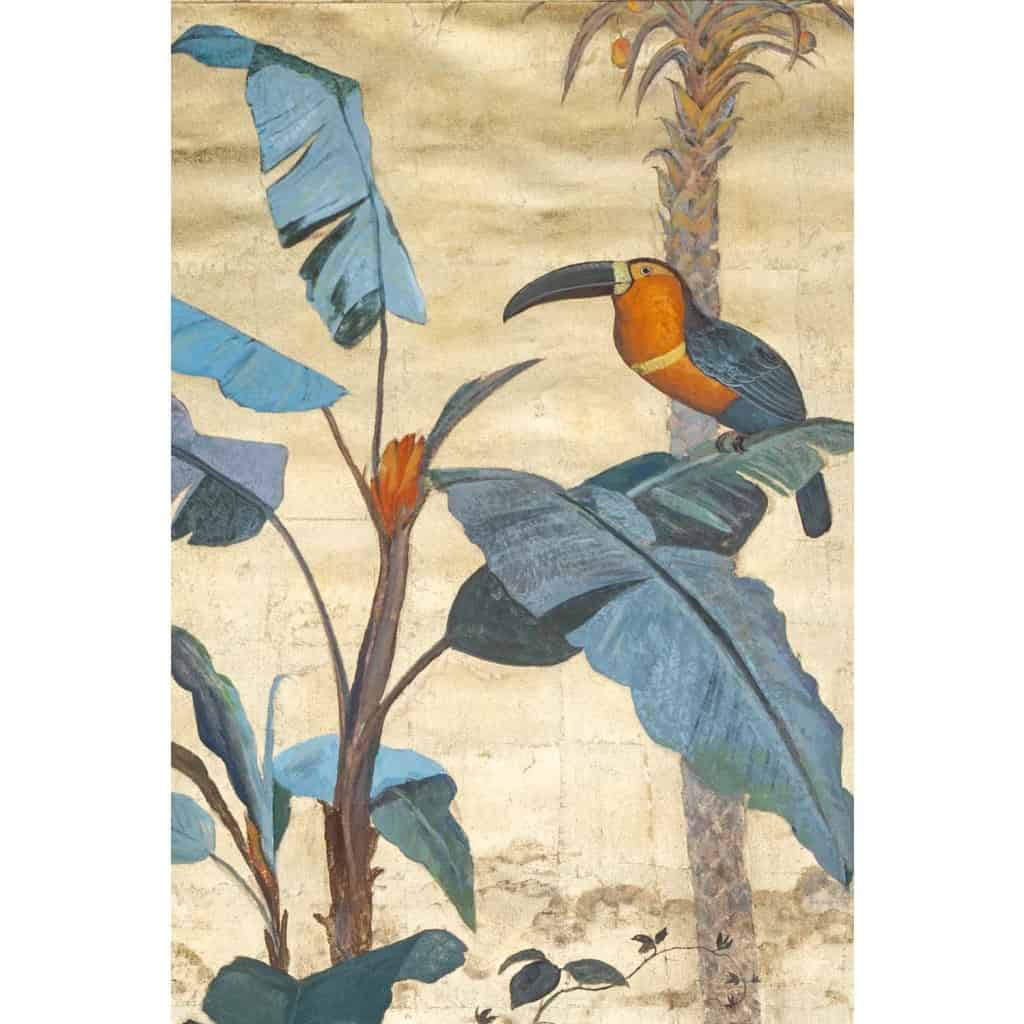 Toile peinte. Toucan sur un fond feuillagé. Travail contemporain. LS60301260A 6