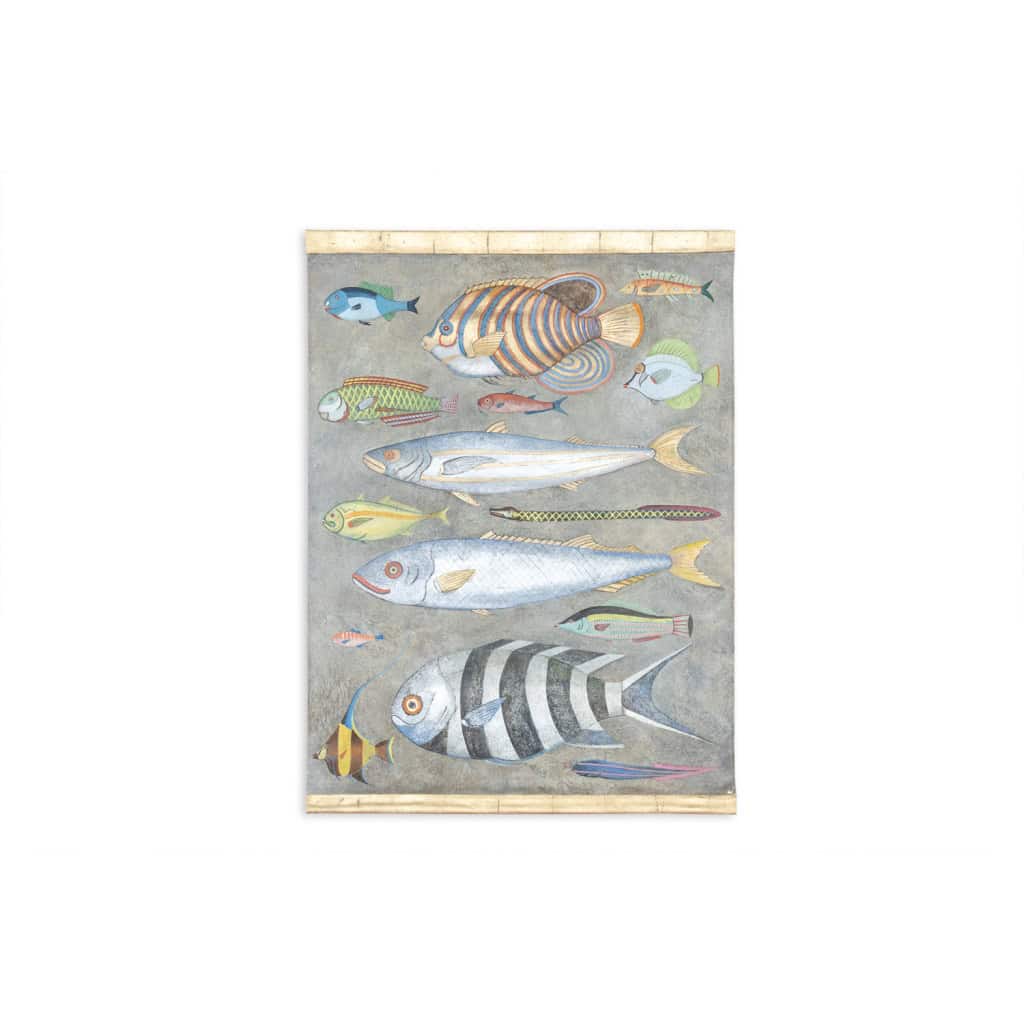 Toile peinte représentant une planche de poissons. Travail contemporain. LS6026911A 3