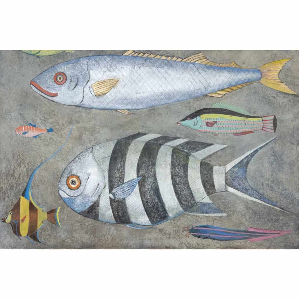 Toile peinte représentant une planche de poissons. Travail contemporain. LS6026911A 4