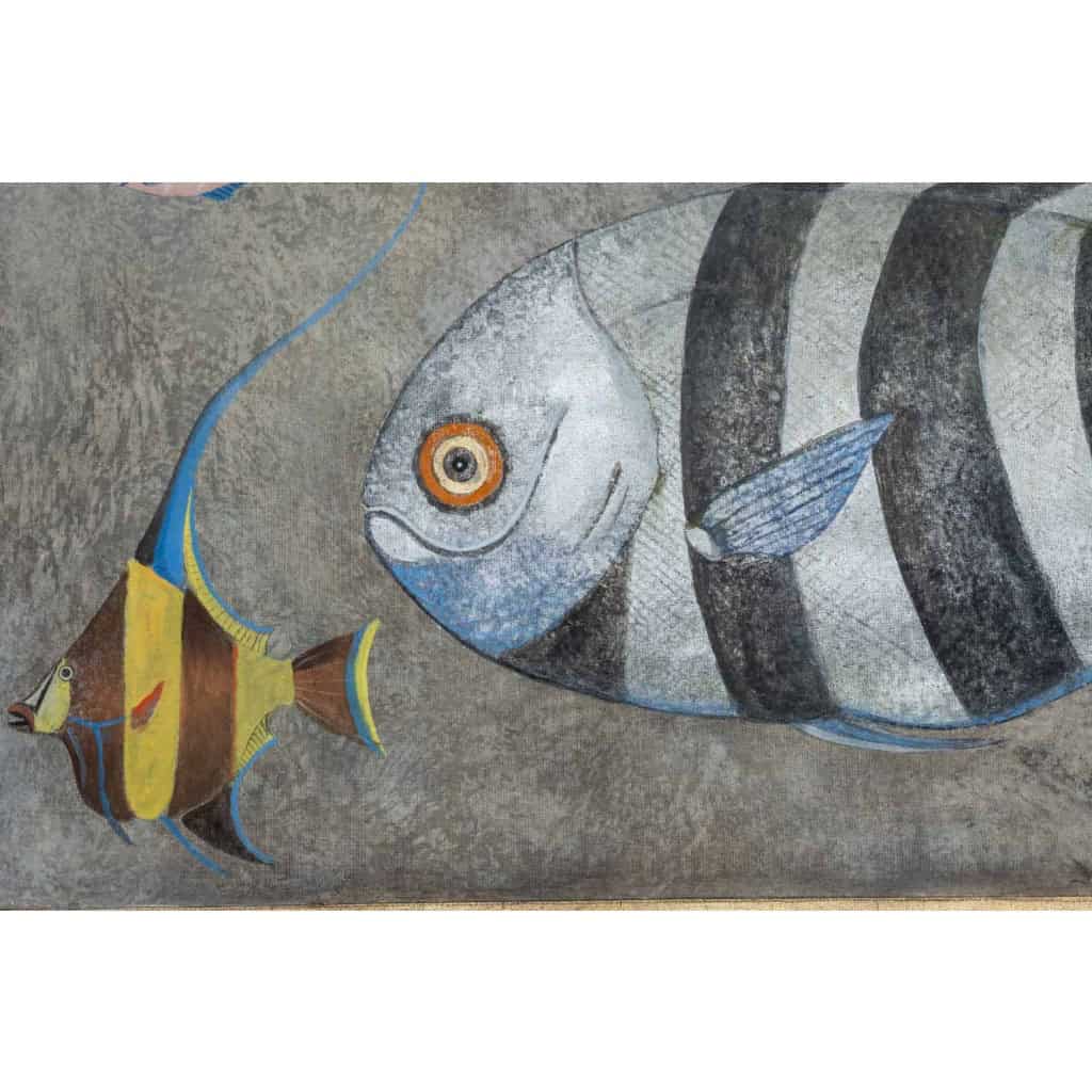 Toile peinte représentant une planche de poissons. Travail contemporain. LS6026911A 5