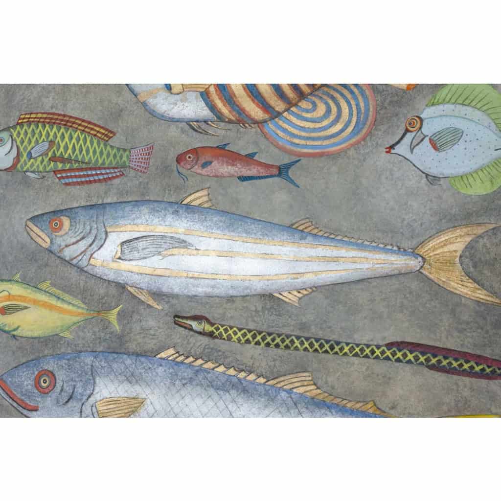 Toile peinte représentant une planche de poissons. Travail contemporain. LS6026911A 7