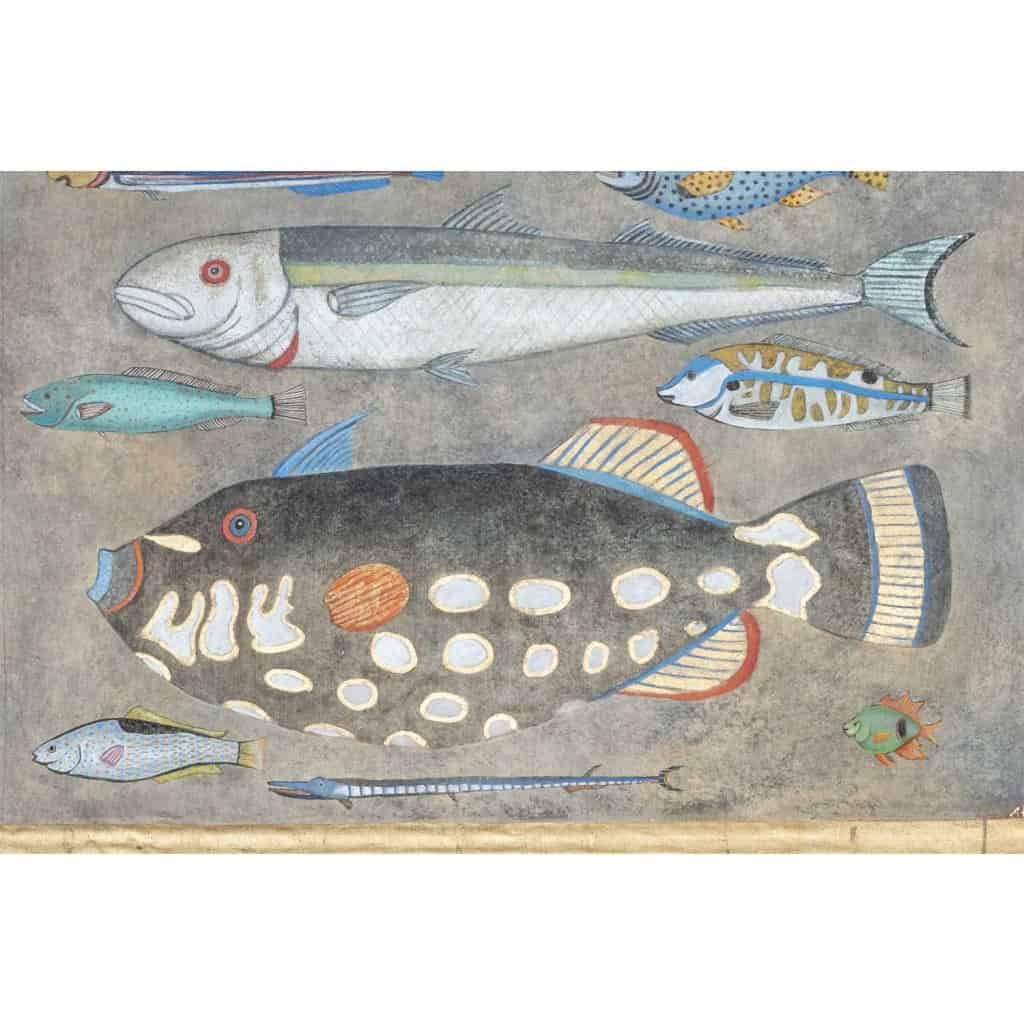 Toile peinte représentant une planche de poissons. Travail contemporain. LS6027911A 6