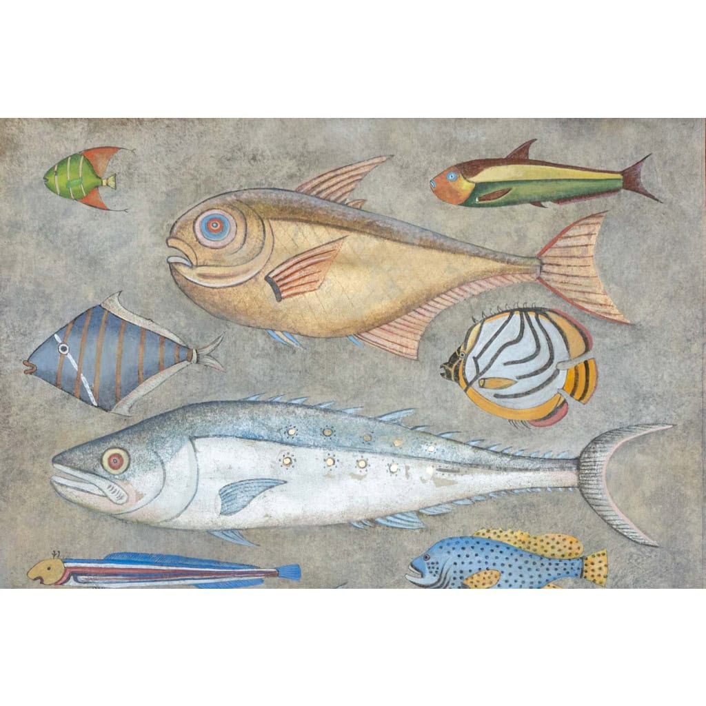 Toile peinte représentant une planche de poissons. Travail contemporain. LS6027911A 4