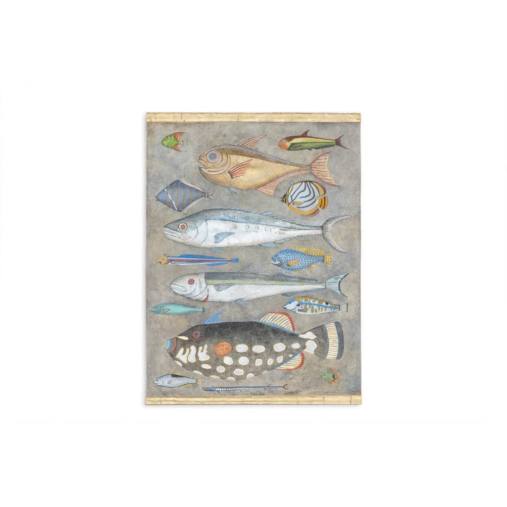 Toile peinte représentant une planche de poissons. Travail contemporain. LS6027911A 3