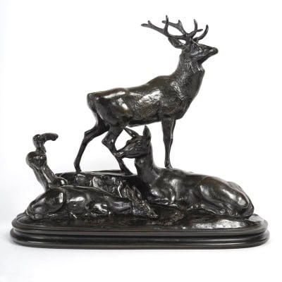 Groupe En Bronze – Famille De Cerf , Antoine – Louis Barye (1795-1875)