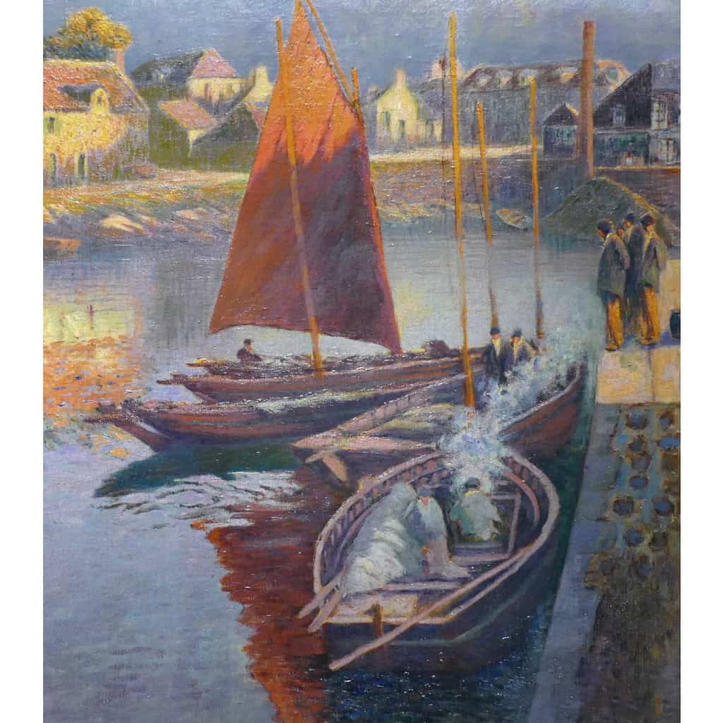 BOUVET Max Peinture Française Marine 20ème Siècle Petit Port Breton Huile Sur toile Signée Certificat 15