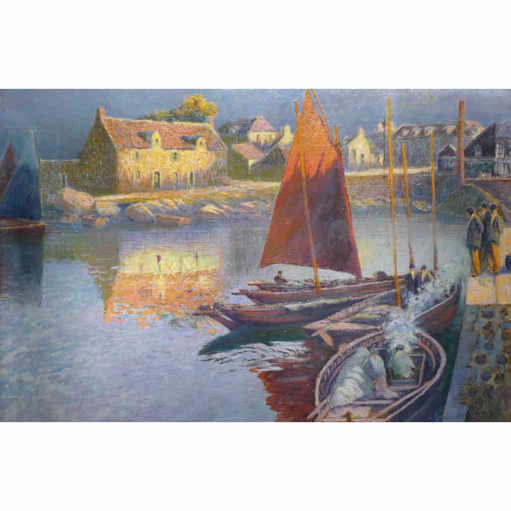 BOUVET Max Peinture Française Marine 20ème Siècle Petit Port Breton Huile Sur toile Signée Certificat 14