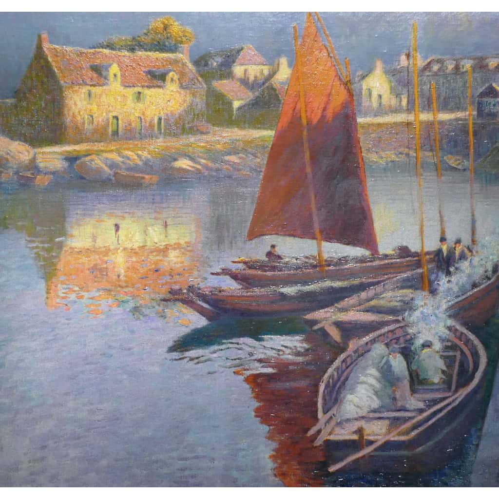 BOUVET Max Peinture Française Marine 20ème Siècle Petit Port Breton Huile Sur toile Signée Certificat 13