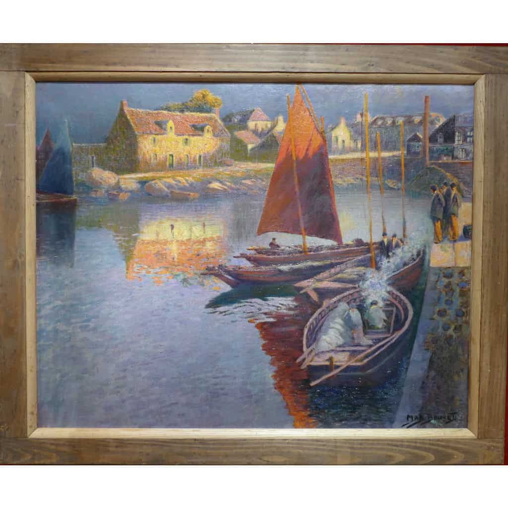 BOUVET Max Peinture Française Marine 20ème Siècle Petit Port Breton Huile Sur toile Signée Certificat 9