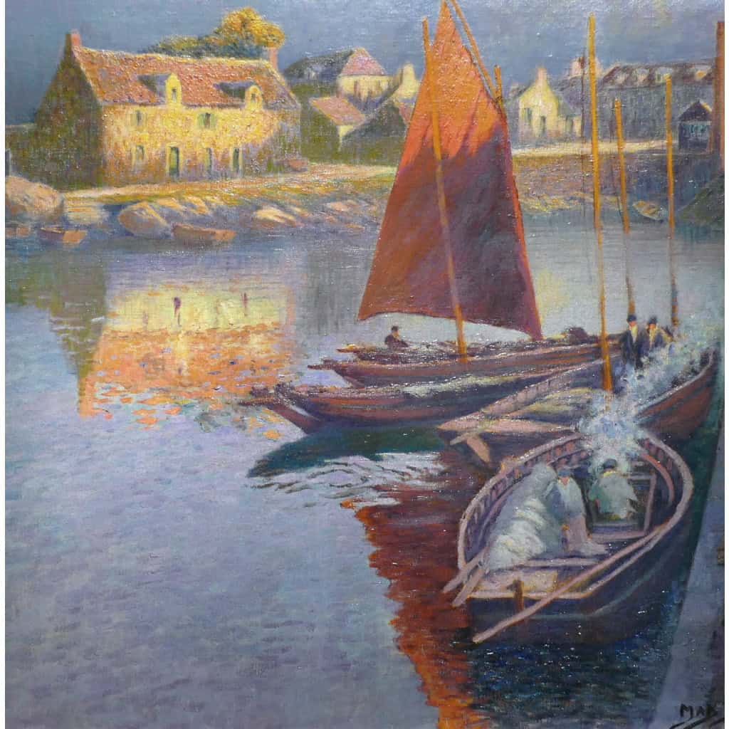 BOUVET Max Peinture Française Marine 20ème Siècle Petit Port Breton Huile Sur toile Signée Certificat 7