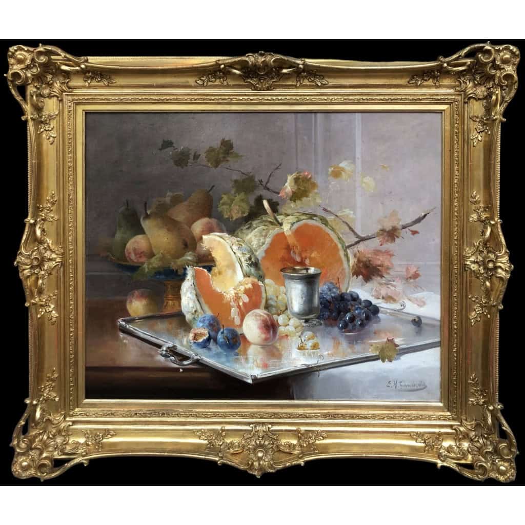 CAUCHOIX Eugène Nature morte aux fruits sur plateau d’argent Huile Sur Toile Signée Certificat d’authenticité 11