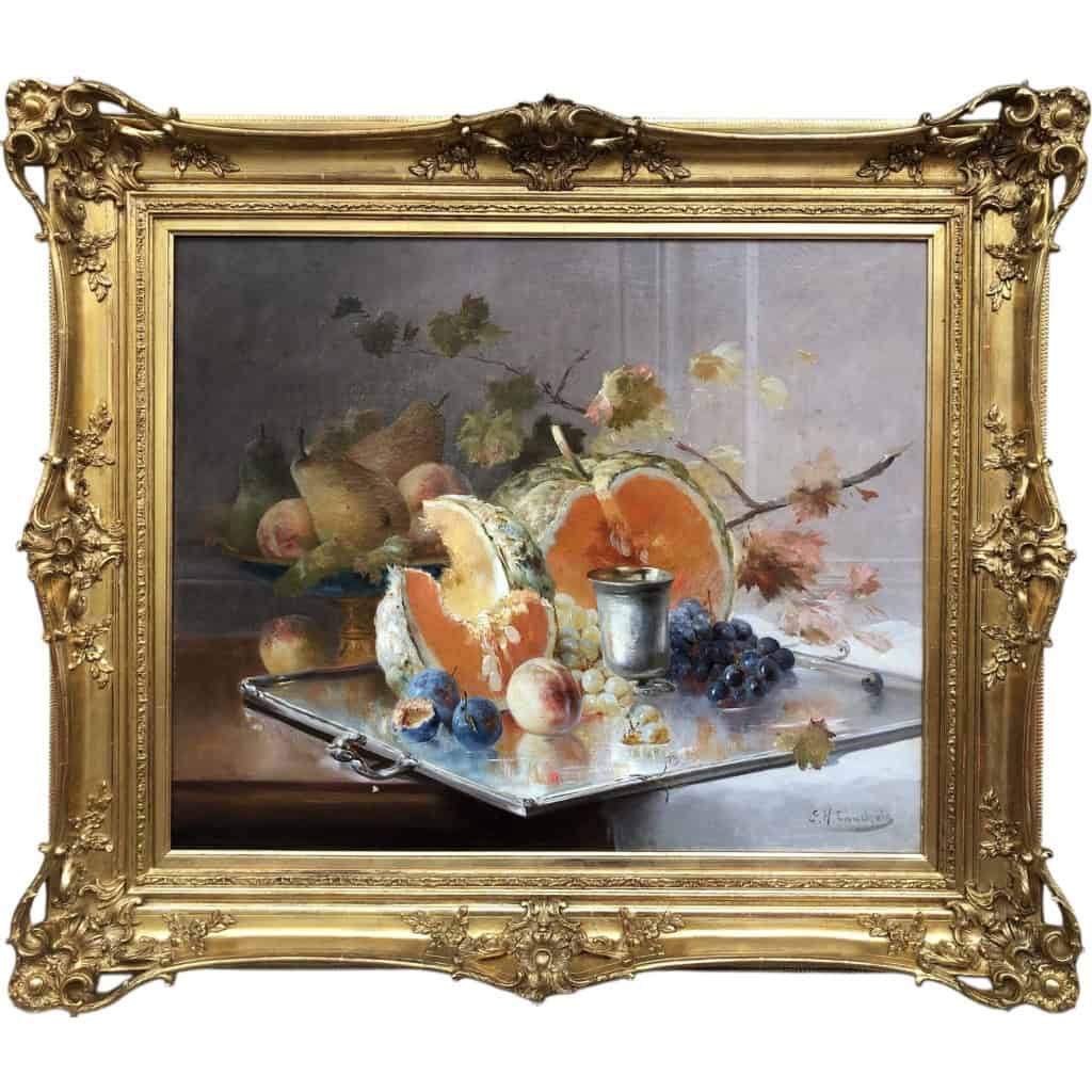 CAUCHOIX Eugène Nature morte aux fruits sur plateau d’argent Huile Sur Toile Signée Certificat d’authenticité 3