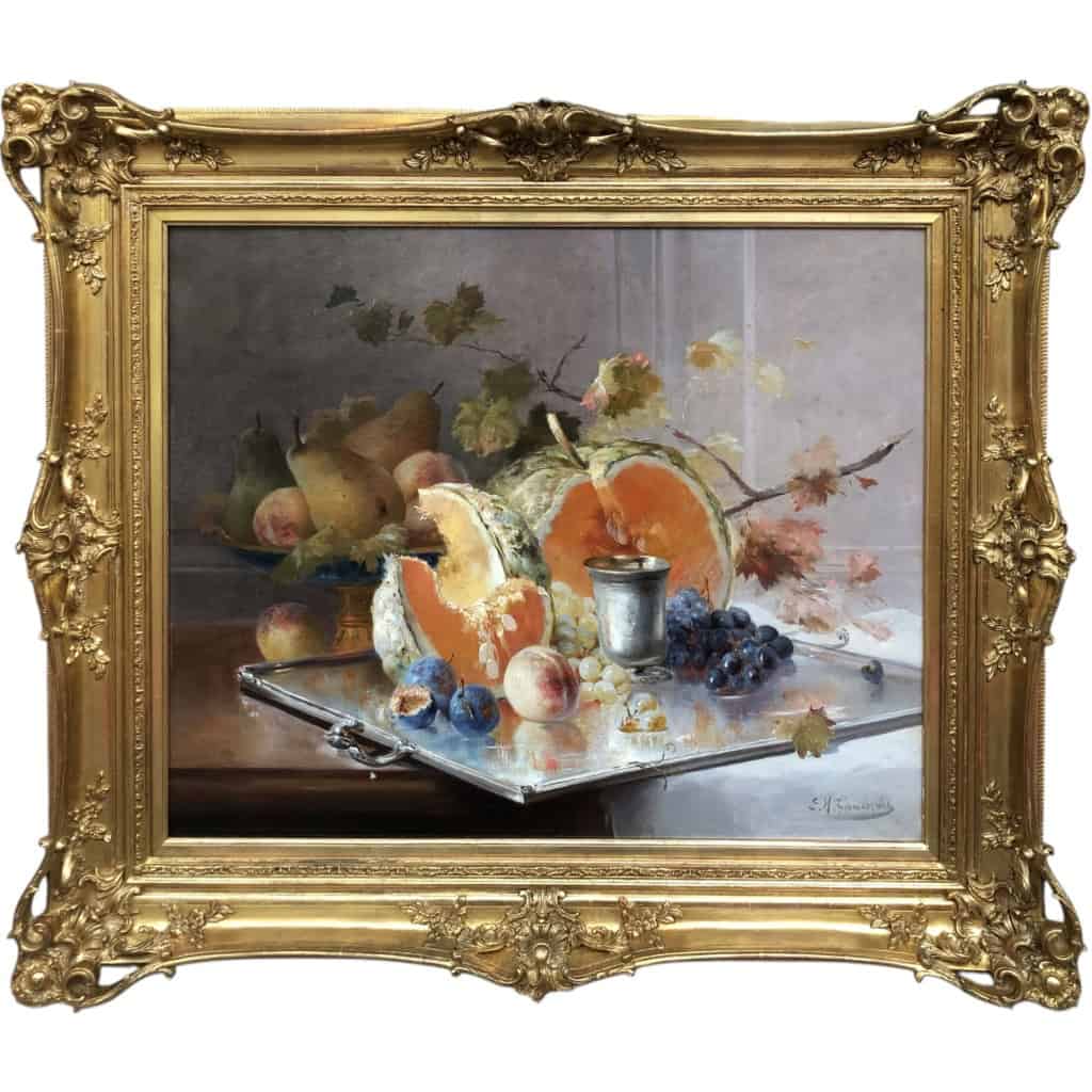 CAUCHOIX Eugène Nature morte aux fruits sur plateau d’argent Huile Sur Toile Signée Certificat d’authenticité 13