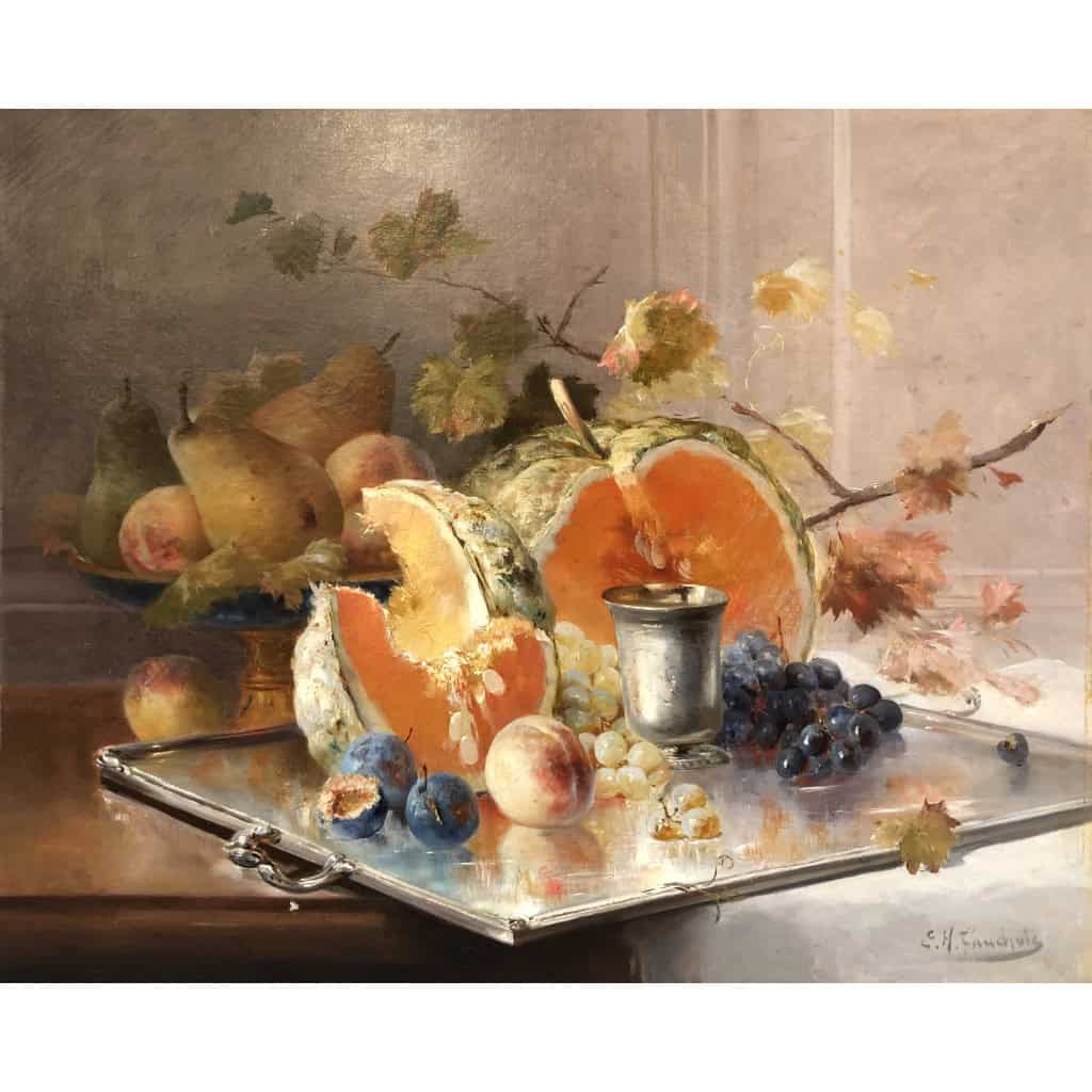 CAUCHOIX Eugène Nature morte aux fruits sur plateau d’argent Huile Sur Toile Signée Certificat d’authenticité 14