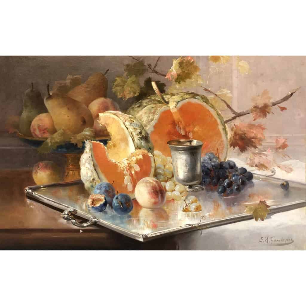 CAUCHOIX Eugène Nature morte aux fruits sur plateau d’argent Huile Sur Toile Signée Certificat d’authenticité 10