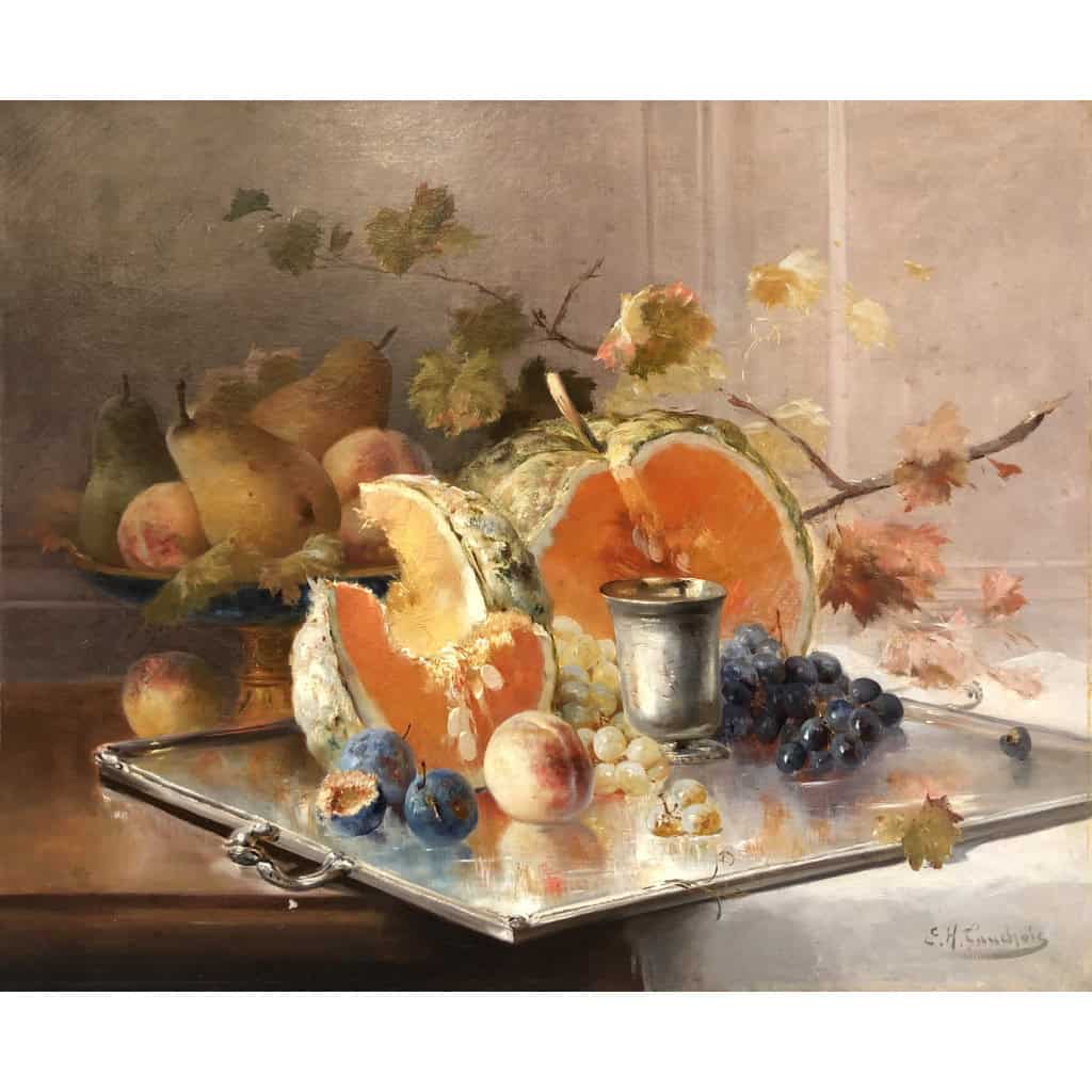 CAUCHOIX Eugène Nature morte aux fruits sur plateau d’argent Huile Sur Toile Signée Certificat d’authenticité 9