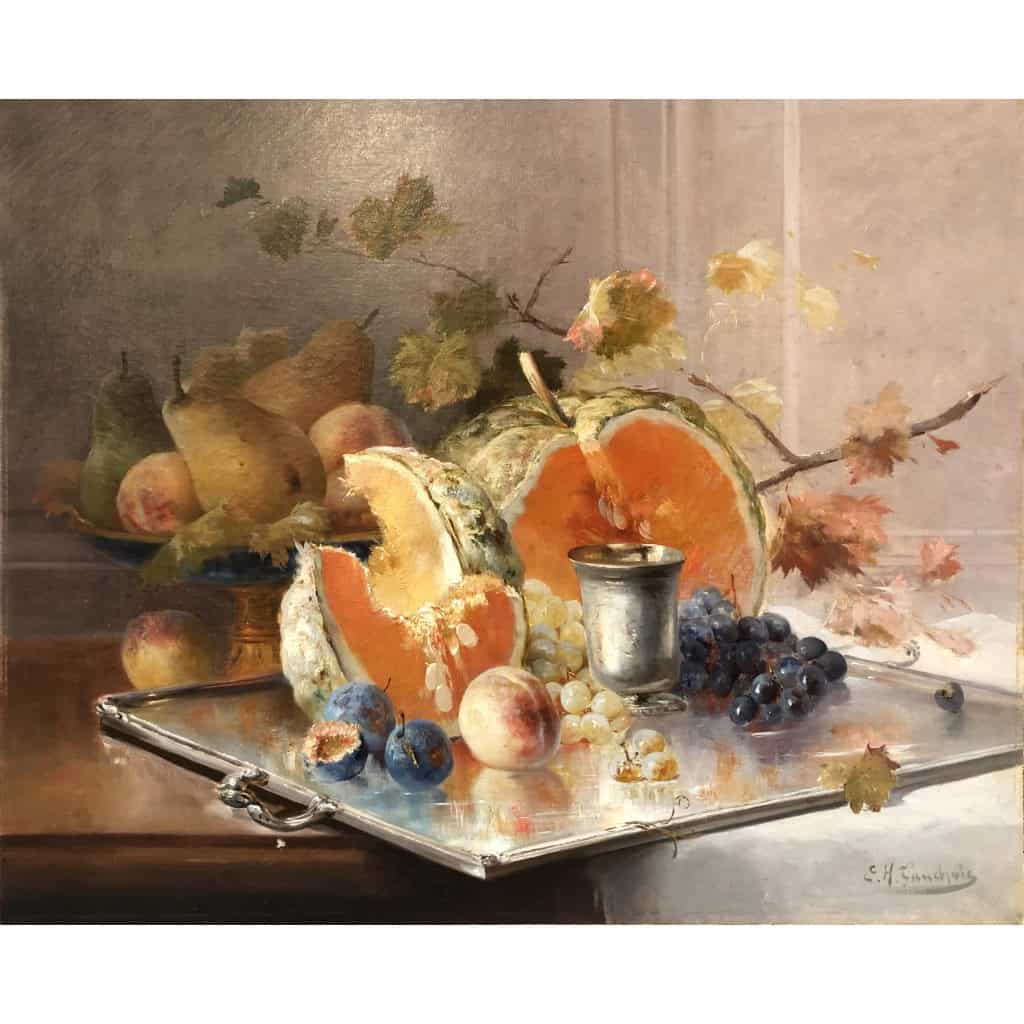 CAUCHOIX Eugène Nature morte aux fruits sur plateau d’argent Huile Sur Toile Signée Certificat d’authenticité 8