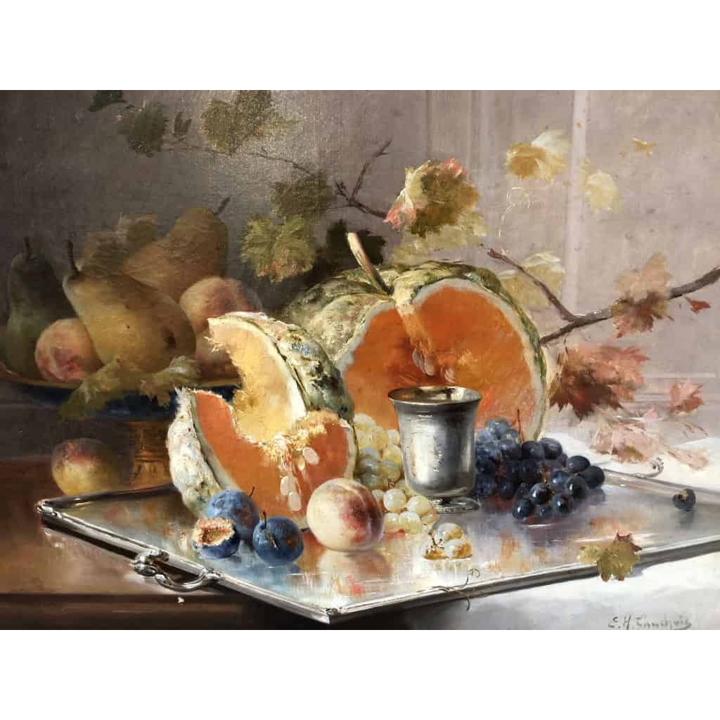 CAUCHOIX Eugène Nature morte aux fruits sur plateau d’argent Huile Sur Toile Signée Certificat d’authenticité 7