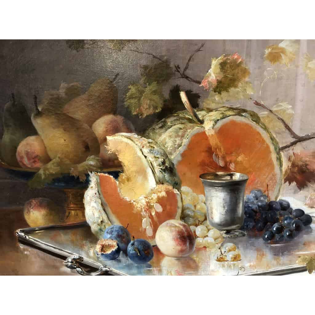 CAUCHOIX Eugène Nature morte aux fruits sur plateau d’argent Huile Sur Toile Signée Certificat d’authenticité 6