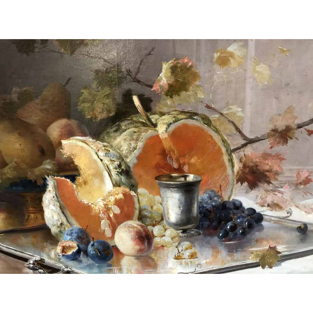 CAUCHOIX Eugène Nature morte aux fruits sur plateau d’argent Huile Sur Toile Signée Certificat d’authenticité 5