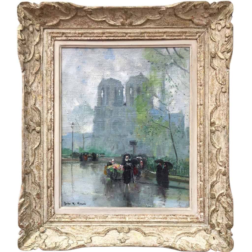 HERVE Jules Paris La Marchande De Fleurs Devant Notre Dame Huile Sur Toile Signée Certificat 3