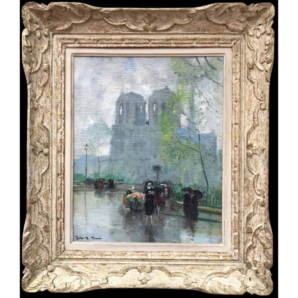 HERVE Jules Paris La Marchande De Fleurs Devant Notre Dame Huile Sur Toile Signée Certificat 12