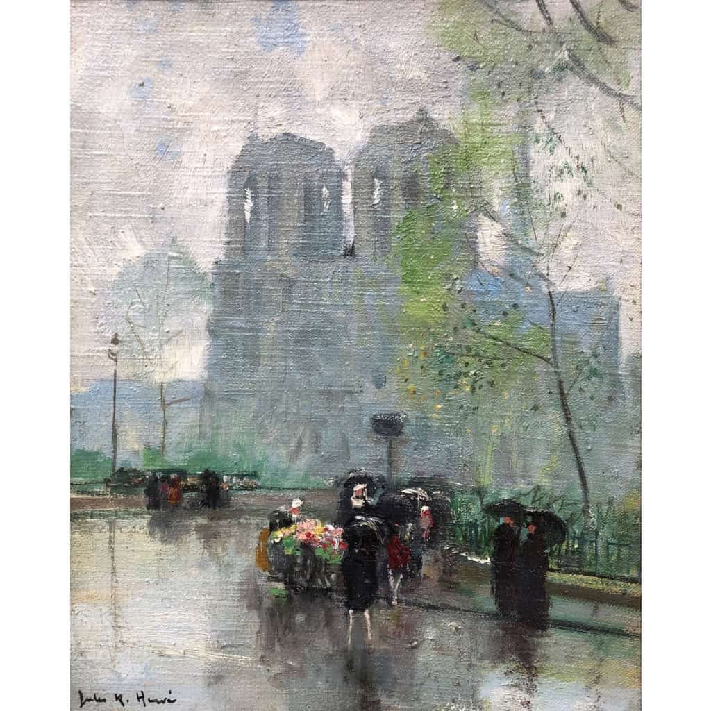 HERVE Jules Paris La Marchande De Fleurs Devant Notre Dame Huile Sur Toile Signée Certificat 13