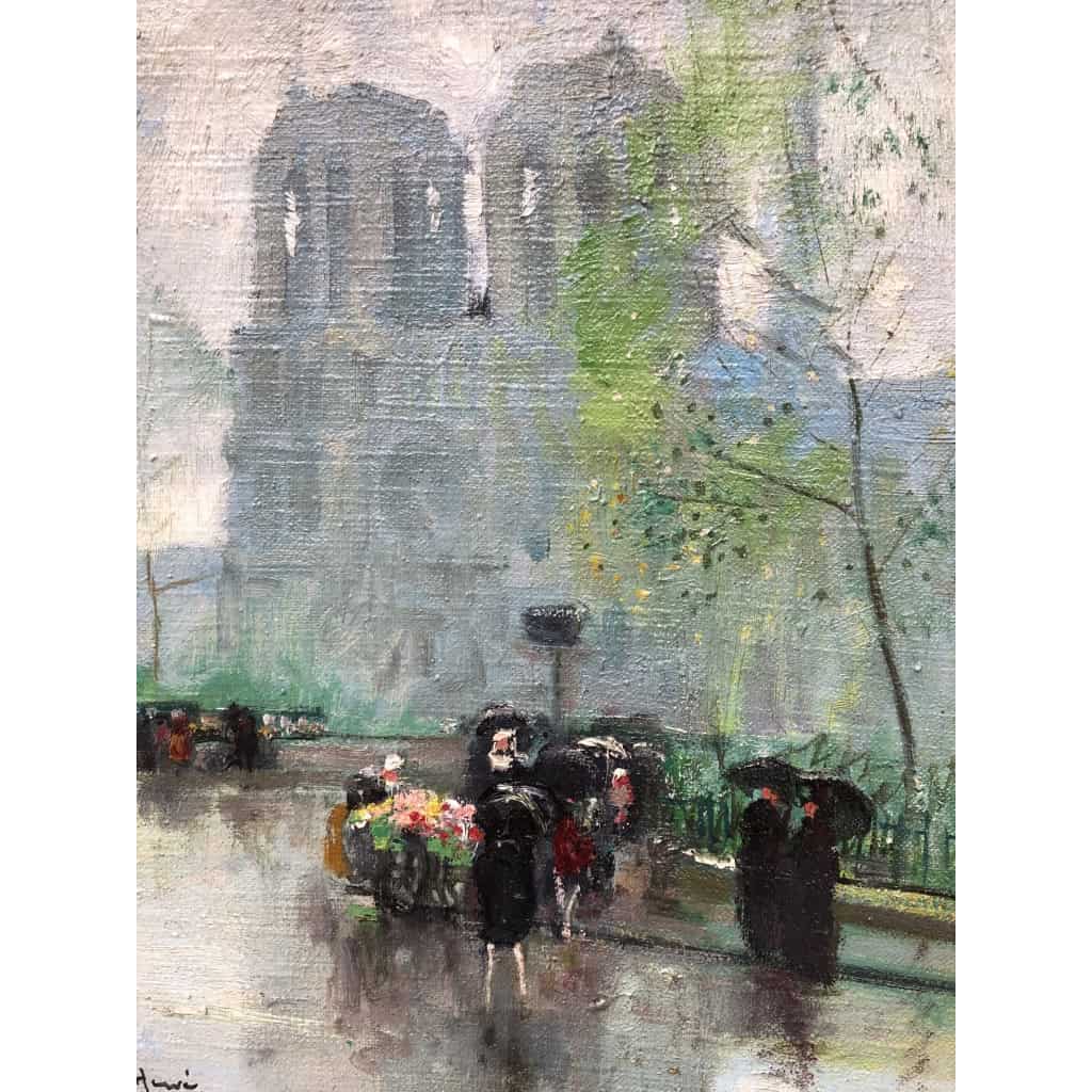 HERVE Jules Paris La Marchande De Fleurs Devant Notre Dame Huile Sur Toile Signée Certificat 7