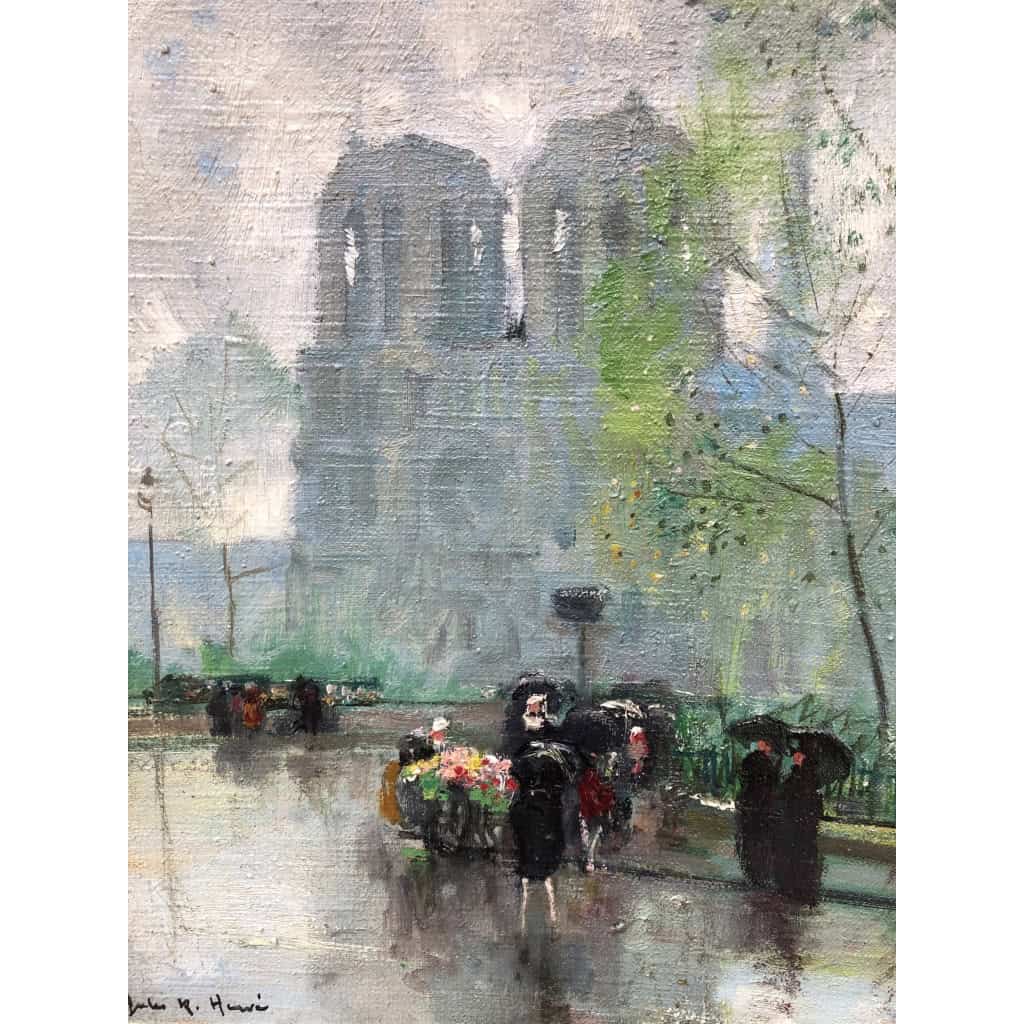 HERVE Jules Paris La Marchande De Fleurs Devant Notre Dame Huile Sur Toile Signée Certificat 5