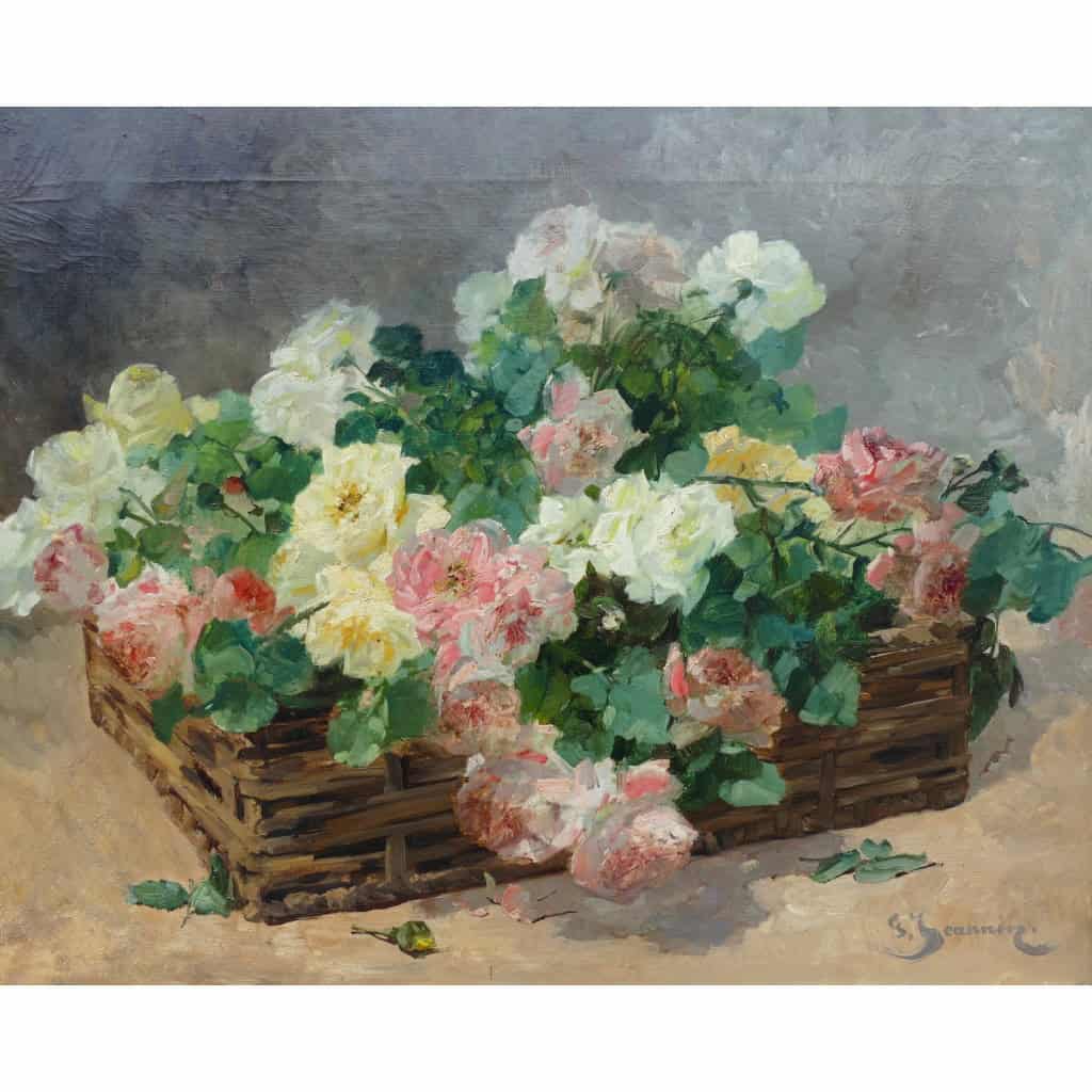 Jeannin Georges Peinture Française 19è Siècle Panier De Roses Huile Sur Toile Signée Certificat 8