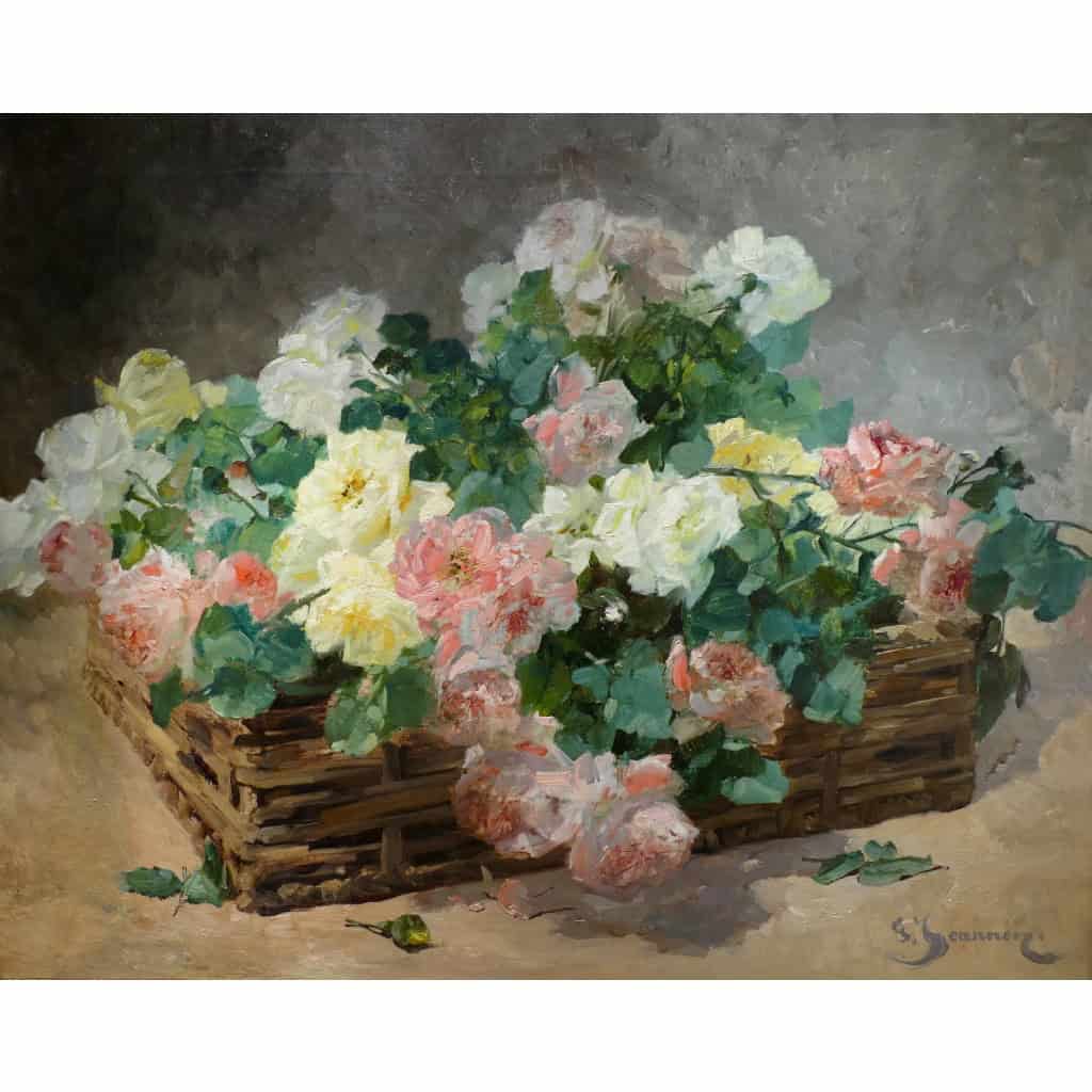 Jeannin Georges Peinture Française 19è Siècle Panier De Roses Huile Sur Toile Signée Certificat 13