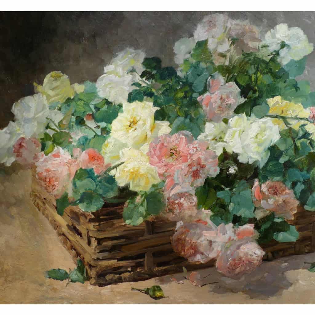 Jeannin Georges Peinture Française 19è Siècle Panier De Roses Huile Sur Toile Signée Certificat 14