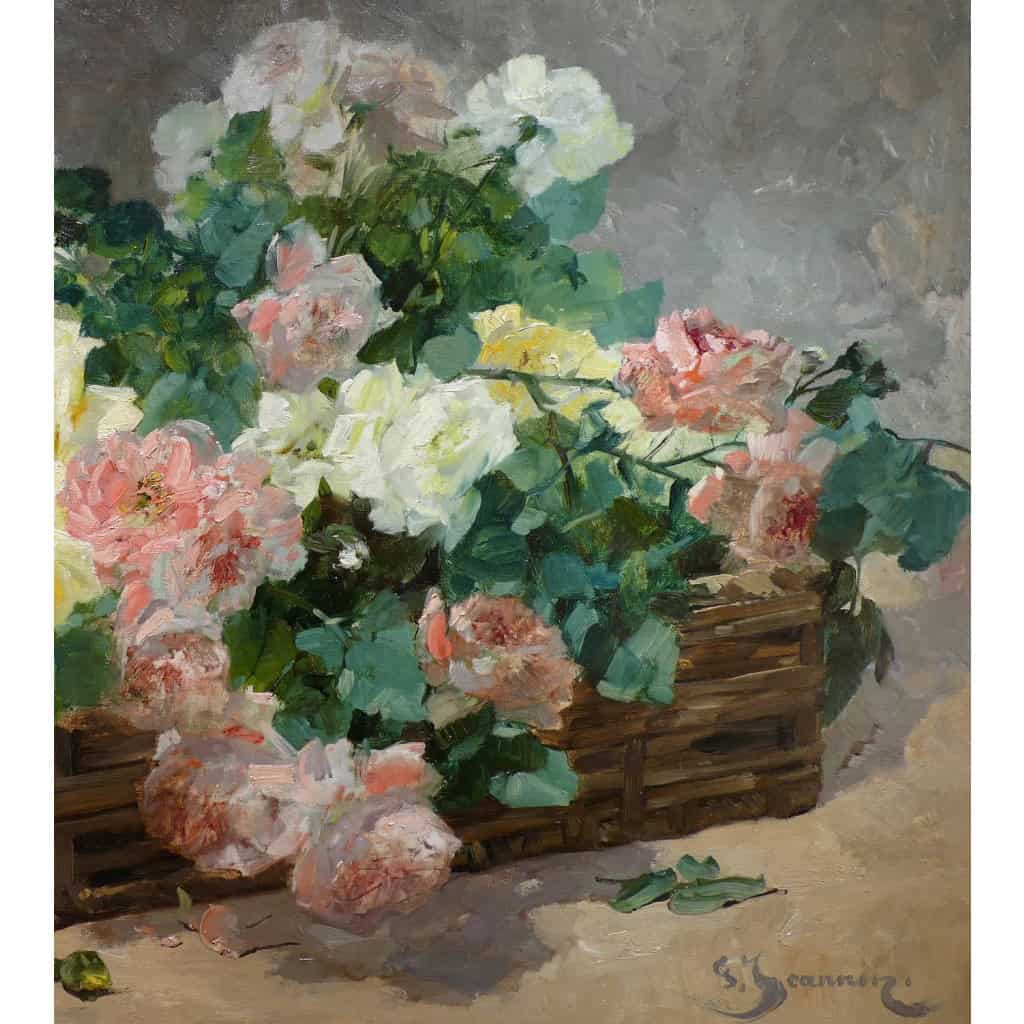 Jeannin Georges Peinture Française 19è Siècle Panier De Roses Huile Sur Toile Signée Certificat 15