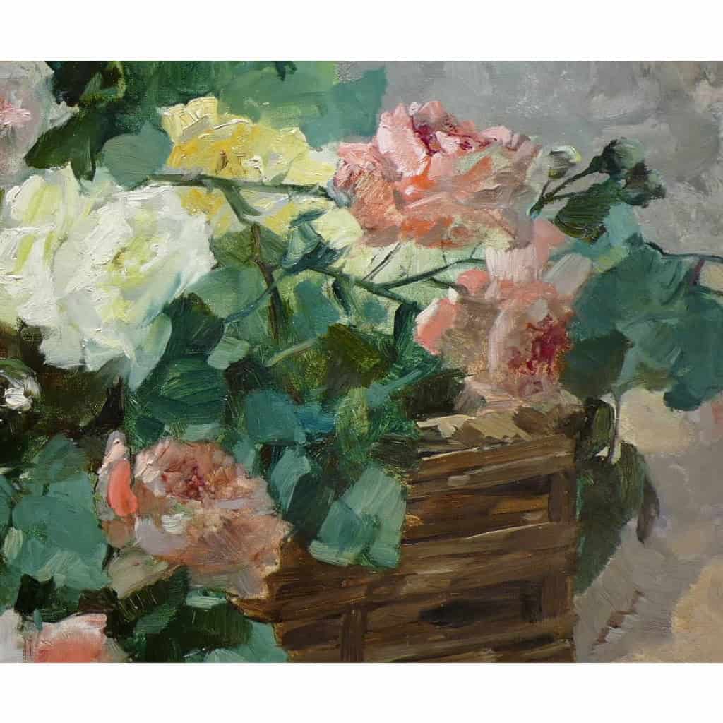 Jeannin Georges Peinture Française 19è Siècle Panier De Roses Huile Sur Toile Signée Certificat 17