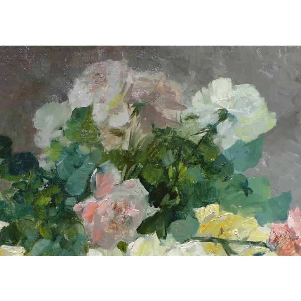 Jeannin Georges Peinture Française 19è Siècle Panier De Roses Huile Sur Toile Signée Certificat 10