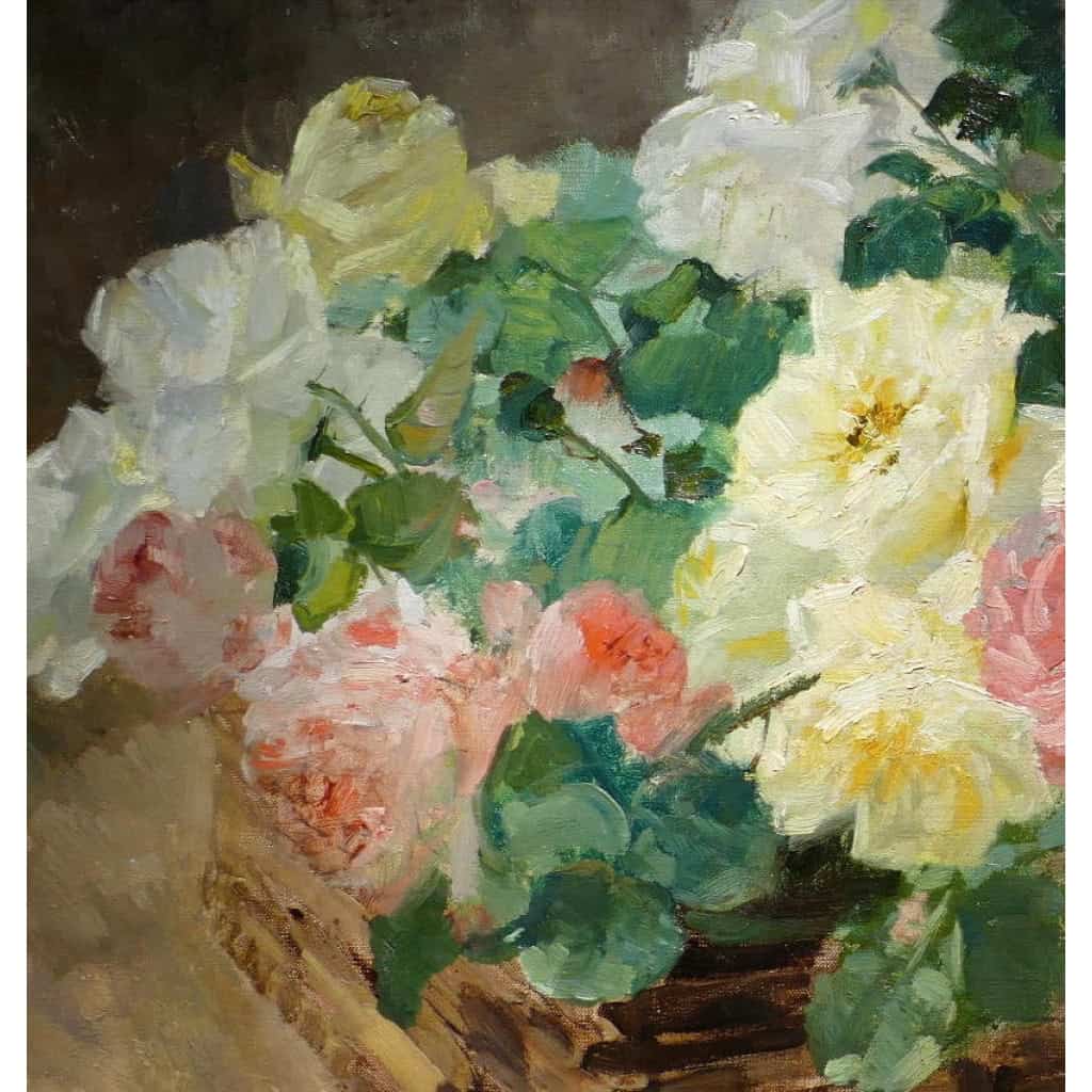 Jeannin Georges Peinture Française 19è Siècle Panier De Roses Huile Sur Toile Signée Certificat 9