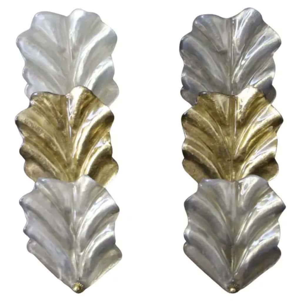 Paire d’appliques à feuilles en verre de Murano doré et blanc nacré de style Barovier 3