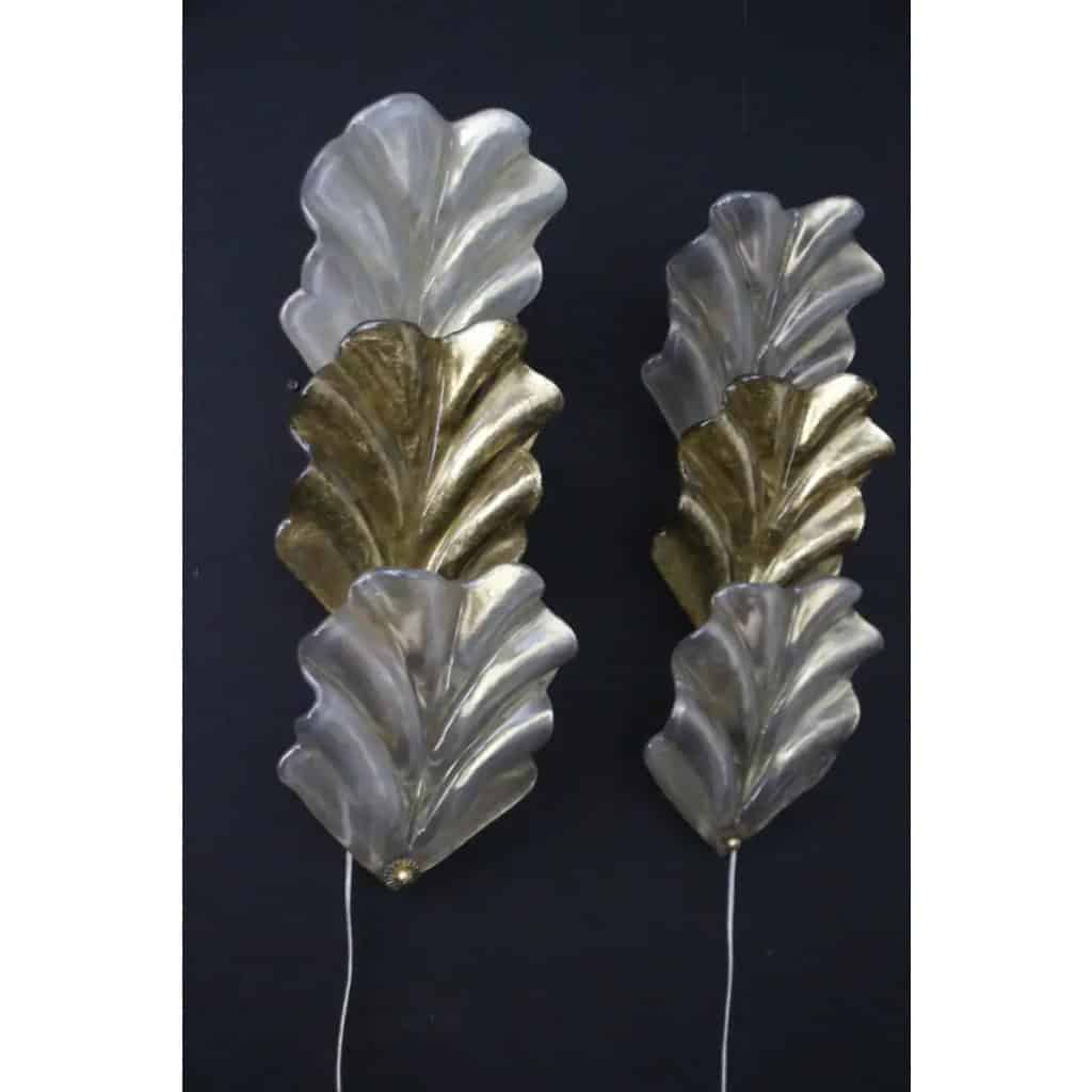 Paire d’appliques à feuilles en verre de Murano doré et blanc nacré de style Barovier 5